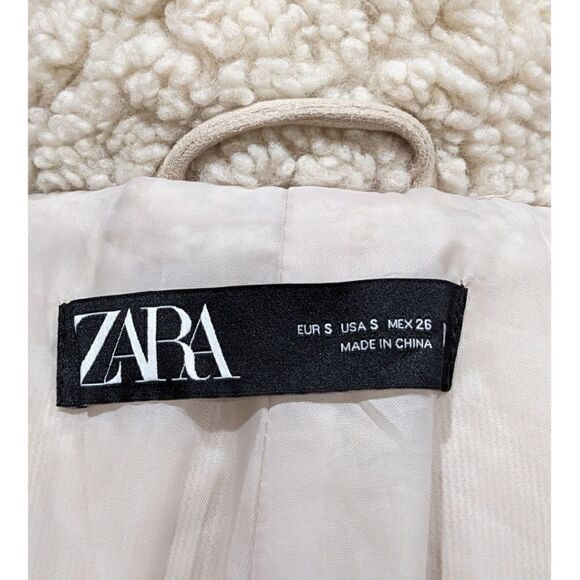 ZARA Oversized Faux Sherpa Bomber Jacket Size S in Cream with Suede Trim - Picture 12 of 12
